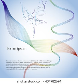 Abstract smooth rainbow lines on light blue background with ballerina and sample text. Vector background for design magazines and leaflets