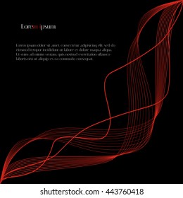 Abstract smooth red lines on black background with sample text. For design magazines and leaflets