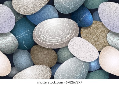 Abstract smooth round pebbles sea seamless pattern background. Ocean bottom. Color vector illustration