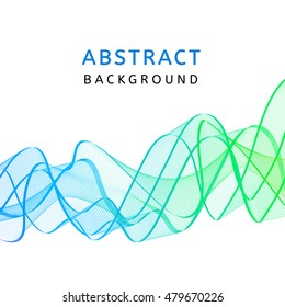 Abstract smooth transparent colorful wavy background. Curved blue and green flow motion. Smoke gradient waves design with stripes. Vector illustration