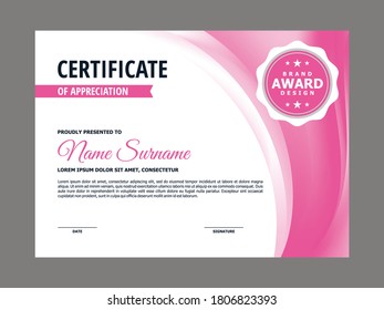 Resumen Diseño único de certificado rosa liso, certificado profesional moderno con vector de plantilla de fondo de curvado rosa y borroso