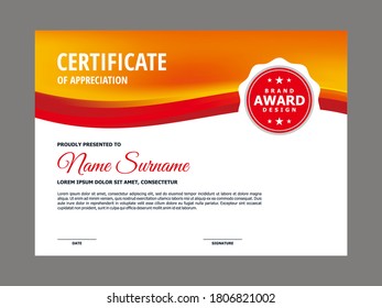 Abstract Smooth Unique Red Orange Certificate Design, Professional Modern Certificate with Blurry Red Orange Wavy Background Template Vector