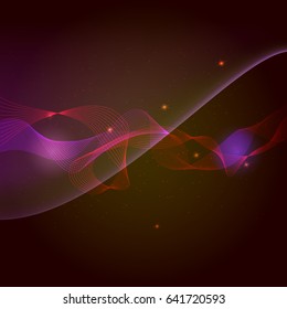 Abstract smooth wave, light and sparkle on dark red background. Vector special effects, curve flow smoke, a wave motion illustration. Template for vip banners, invitation or cover.