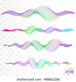 Abstract smooth wave vector set on transparent background. Curve flow rainbow smoke motion. Rainbow  waves.