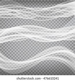 Abstract smooth wave vector set on transparent background. Vector special effects for your artwork. Curve flow white smoke motion illustration.