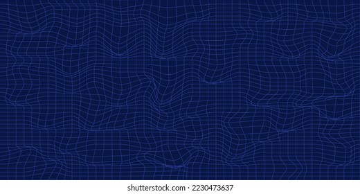 Abstract smooth wavy 3d mesh or squares on dark blue background. Geometric dynamic waves.