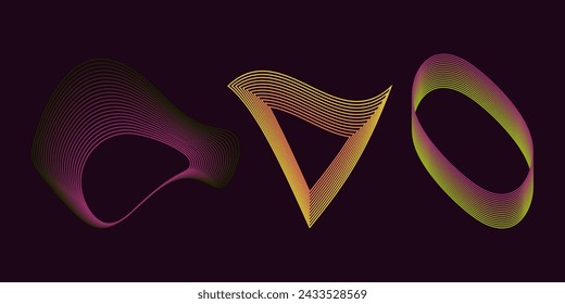 Líneas de colores onduladas abstractas. Fondo futurista. Forma de onda dinámica. Establecer formas. Diseño de banner flyer portada web. Ilustración de vector