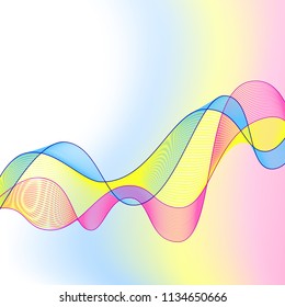 Abstract Smooth Wavy Horizontal Pink, Yellow, Blue Curved Line on Gradient Background. Template with Simple Wave Line.