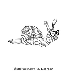 Abstract snail for coloring in sunglasses on a white background. Funny children's vector illustration in the style of outline. Tatoo.