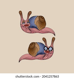 Abstract snail made of pink, blue and beige-brown stripes in sunglasses on a beige background. Funny children's vector illustration in the cartoon style.