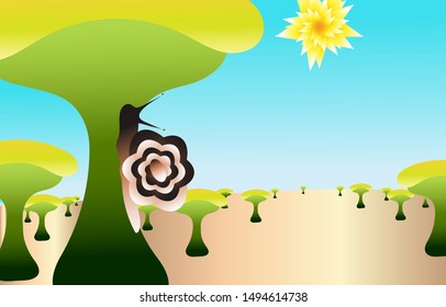 Abstract snail on tree in forest and the sun background vector illustration
