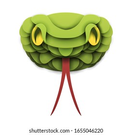 Abstract snake head isolated on white background. Creative 3d concept in craft paper cut style. Colorful minimal design character. Original vector cartoon illustration.