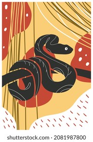 Abstract snake silhouette. Fast and agile animal, mammal on bright African background. Stylish multicolored patterns. Zoo cards, nature, exotic. Colorful, vivid cartoon flat vector illustration