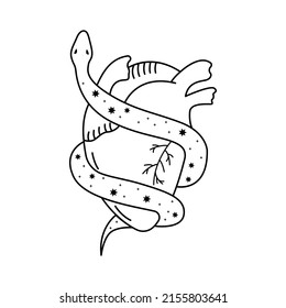 Abstract snake wrapped around heart tattoo silhouette  Outline graphic element  Isolated black sketch in boho style
