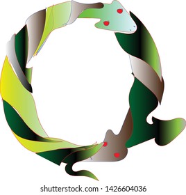Abstract snakes wrapped around each other in dark clockwise arrow symbol