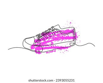 Pandilla abstracta, zapato con cordones , dibujo continuo de una línea y gotas , salpicaduras de tinta rosa sobre un fondo blanco