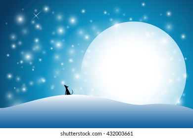 abstract snow background with full moon and silhouete wolf 