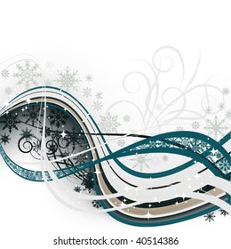 abstract snow background with wavy lines, ornament and snowflakes