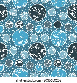 Resumen de bolas de nieve sin fisuras ilustración de patrones vectoriales en tonos de azul con caída de la nieve y estrellas blancas. Ideal para envolver papel de temporada, decoraciones y tarjetas de felicitación.