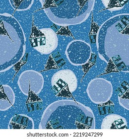 Abstract snow balls seamless vector pattern illustration in shades of blue with cute houses and falling snow. Great for seasonal wrapping paper, decorations and greeting cards.