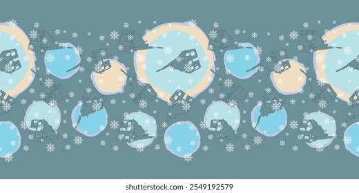 Abstract snow balls seamless vector pattern Border with cute houses and falling snowflakes. Great for seasonal wrapping paper, greeting cards, invitations, gift boxes and web background.