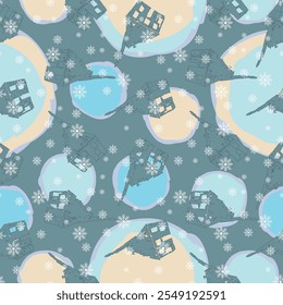 Abstract snow balls seamless vector pattern illustration with cute houses and falling snowflakes. Great for seasonal wrapping paper, decorations and greeting cards.