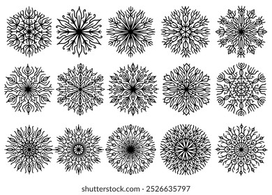 Abstract snow flakes, line art pattern flakes Christmas decorative design elements.