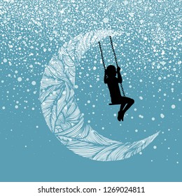 Abstract snow moon background. girl riding on a swing. Vector
