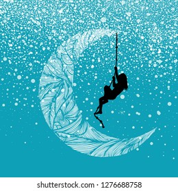 Abstract snow moon background. The girl climbs the rope. goal ac