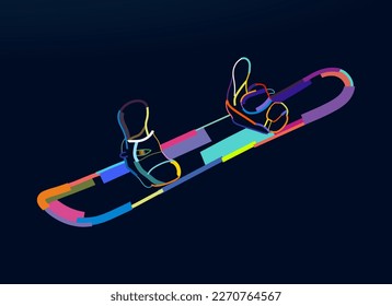 Abstract snowboard with bindings from multicolored paints. Colored drawing. Vector illustration of paints