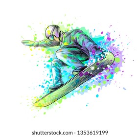 Abstract snowboarder from a splash of watercolor, hand drawn sketch. Vector illustration of paints