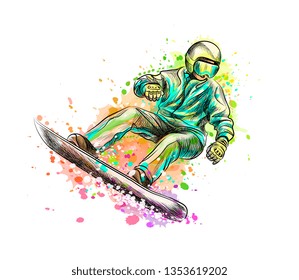 Abstract snowboarder from a splash of watercolor, hand drawn sketch. Vector illustration of paints