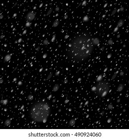 Abstract Snowfall Overlay Effect on Black Background for Winter Holidays Design. Vector Illustration. Seamless Snow Pattern