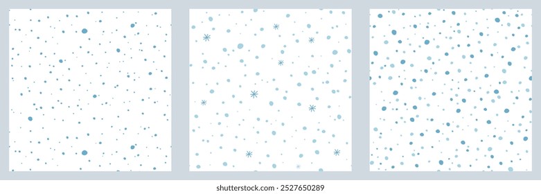 Abstract snowfall seamless Patterns set. Christmas Snowy winter Holiday Background. Random Blue dots spot on white. Polka Dot pattern for Package wallpaper banner poster card design