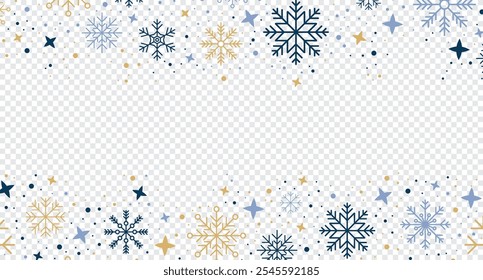 Abstract snowflake border. Snowflakes pattern. Snowfall repeat backdrop. Winter holidays theme. Background with snowflakes. Vector illustration