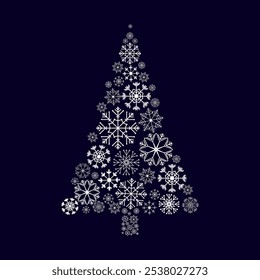 Abstract Snowflake Christmas tree shape.Christmas tree made of white snowflakes Winter illustration for XMAS and New Year holidays decoration design element,embellishment,logo,print.Vector 