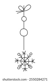 Abstract snowflake with circles on a string. Black and white clipart illustration.