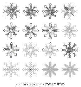 Abstract snowflake designs. Geometric vector shapes. Black and white patterns. Decorative winter elements. EPS 10.