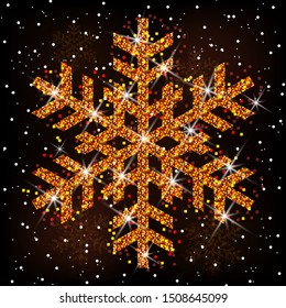 Abstract snowflake .Golden glitter snowflake texture isolated on black snowy background. Vector illustration.