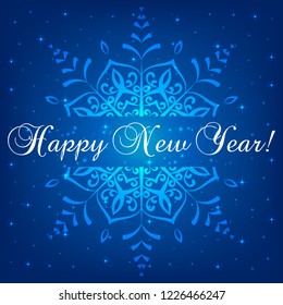 Abstract snowflake, greeting card design with lettering  Happy New Year on blue background, vector illustration 