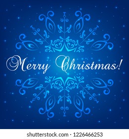 Abstract snowflake, greeting card design with lettering  Merry Christmas on blue background, vector illustration 
