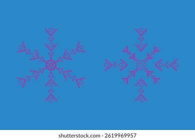 Abstract snowflake icons. Geometric Pattern in Magenta on a Blue Background.