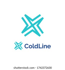 Abstract snowflake logo for fridge, conditioning, technology. Cold frozen, snow, ice, arctic, north, freezer, cooling logo. Letter X cooler tech icon.