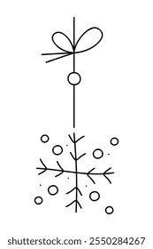 Floco de neve abstrato em uma corda com arcos. Ilustração clipart em preto e branco.