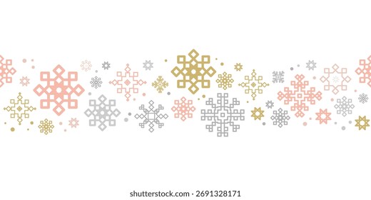 Abstract snowflake seamless border pattern in pastel colors. Snowflakes seamless texture backdrop For winter holidays designs, packaging, prints,web banners, abels,winter branding. Vector illustration