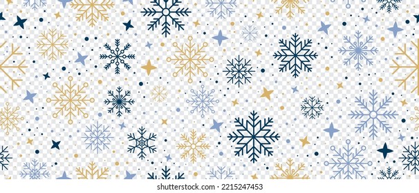 Resumen de copos de nieve sin costura. El patrón de los copos de nieve es fluido. Fondo de repetición de la nevada. Tema de las vacaciones de invierno. Fondo sin foco con copos de nieve. Ilustración del vector
