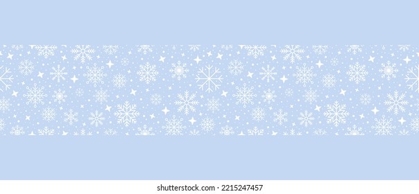 Abstrakter Schneeflocken nahtlose Grenze. Schneeflocken nahtloses Muster. Schneefall wiederholt den Hintergrund. Winterferien-Thema. Nahtloser Hintergrund mit Schneeflocken. Vektorgrafik