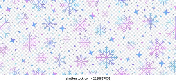 Abstract snowflake seamless border. Snowflakes seamless pattern. Snowfall repeat backdrop. Winter holidays theme. Seamless background with snowflakes. Vector illustration