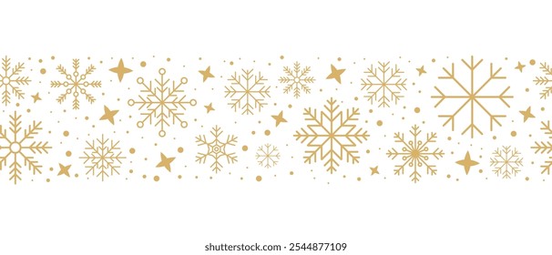 Abstract snowflake seamless border. Snowflakes seamless pattern. Snowfall repeat backdrop. Winter holidays theme. Seamless background with snowflakes. Vector illustration