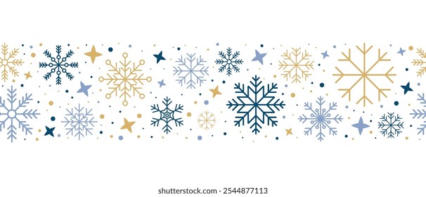 Abstrakte Schneeflocke nahtlose Grenze. Schneeflocken nahtloses Muster. Schneefall wiederholt Hintergrund. Thema Winterferien. Nahtloser Hintergrund mit Schneeflocken. Vektorgrafik